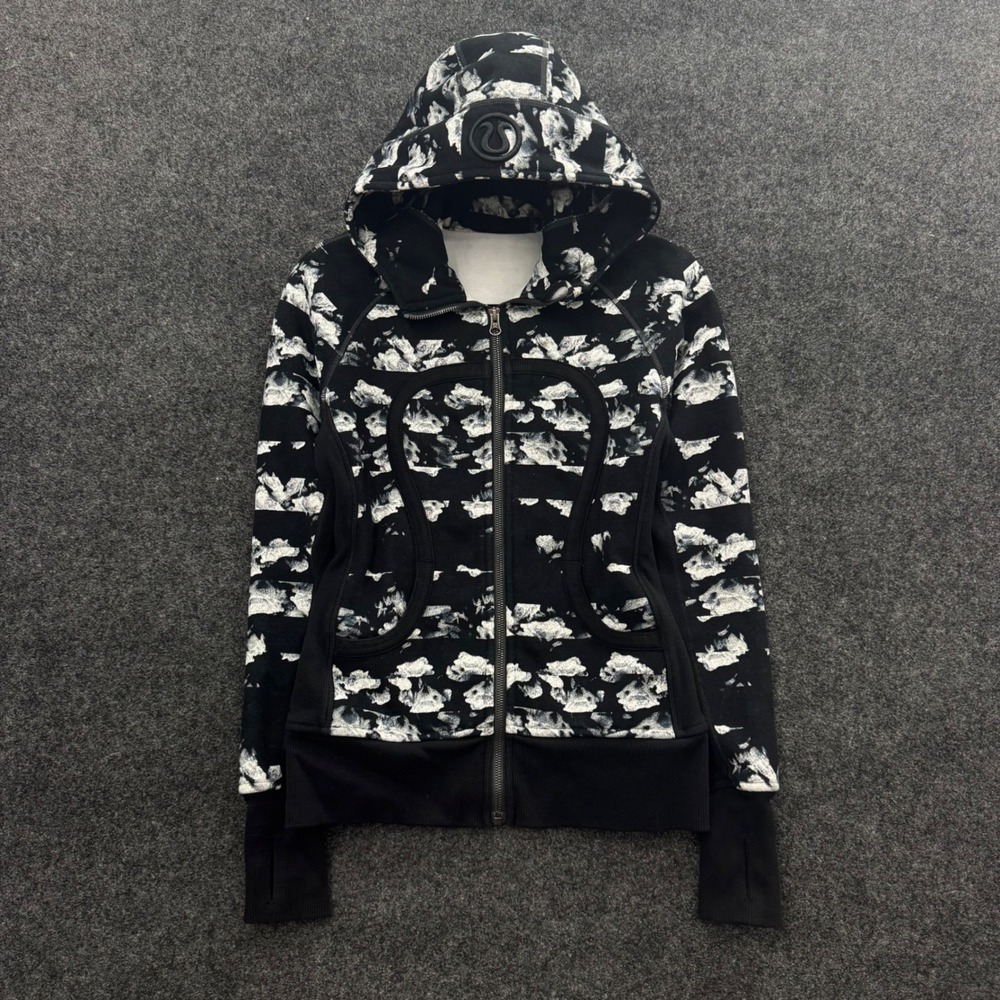 Lululemon Scuba Full Zip Hoodie Size 6 Black White Floral Vintage Rare